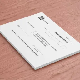 Stos białych kartek z nadrukowanym formularzem skierowania medycznego, leżący na drewnianym biurku.