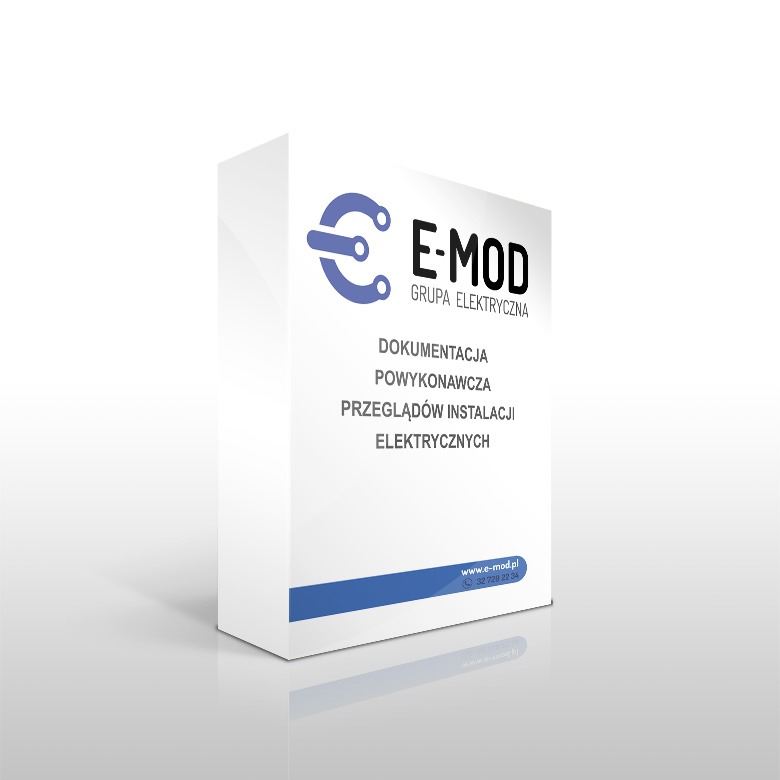 Pudełko z dokumentacją powykonawczą i przeglądami instalacji elektrycznych firmy E-MOD Grupa Elektryczna, z widocznym logo i adresem strony internetowej.