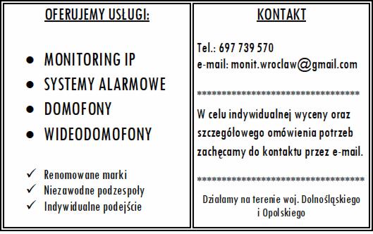 Ogłoszenie firmy oferującej usługi: monitoring IP, systemy alarmowe, domofony i wideodomofony. Kontakt telefoniczny i mailowy do firmy z Wrocławia, działającej na terenie województw dolnośląskiego...
