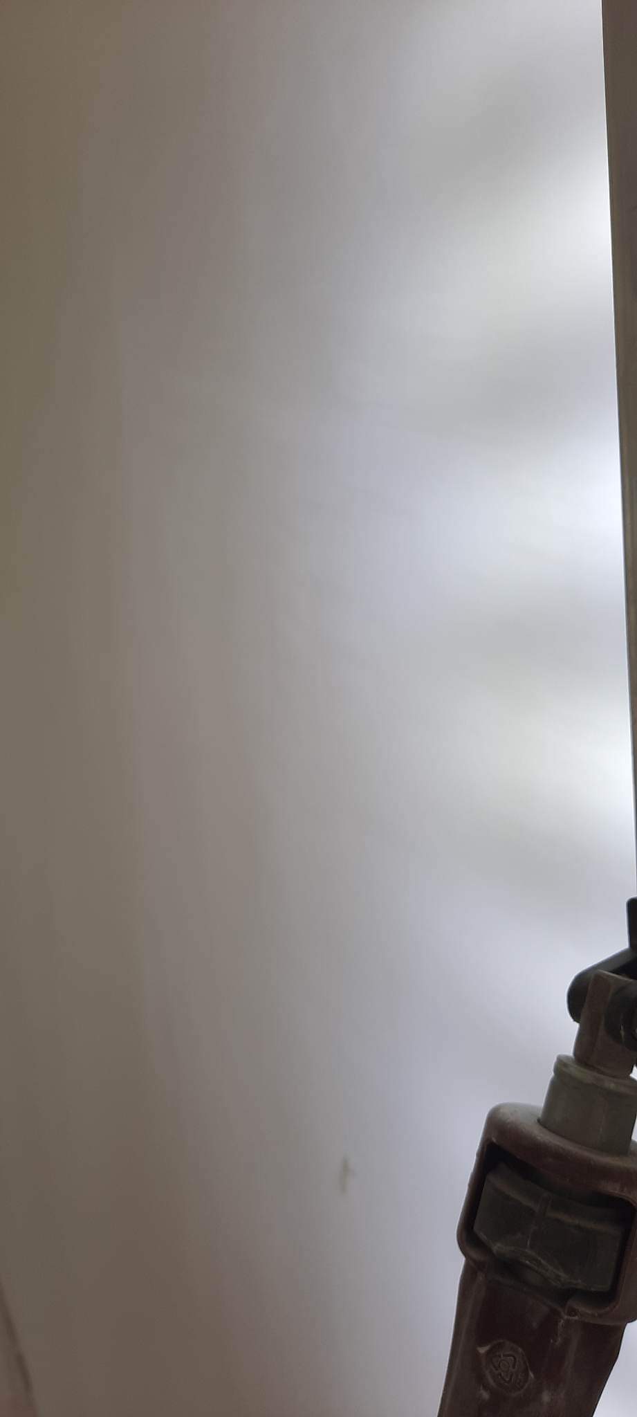 Świeżo pomalowana, gładka ściana w jasnym odcieniu, oświetlona z góry, z fragmentem uchwytu narzędzia malarskiego w prawym dolnym rogu.