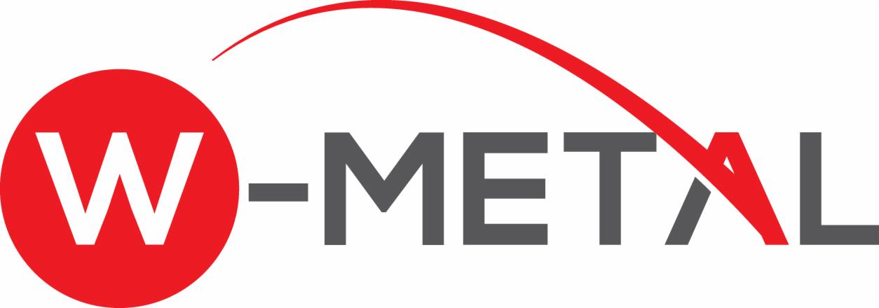 Logo firmy W-METAL: czerwone koło z białą literą W, szary napis W-METAL, czerwony łuk nad napisem.