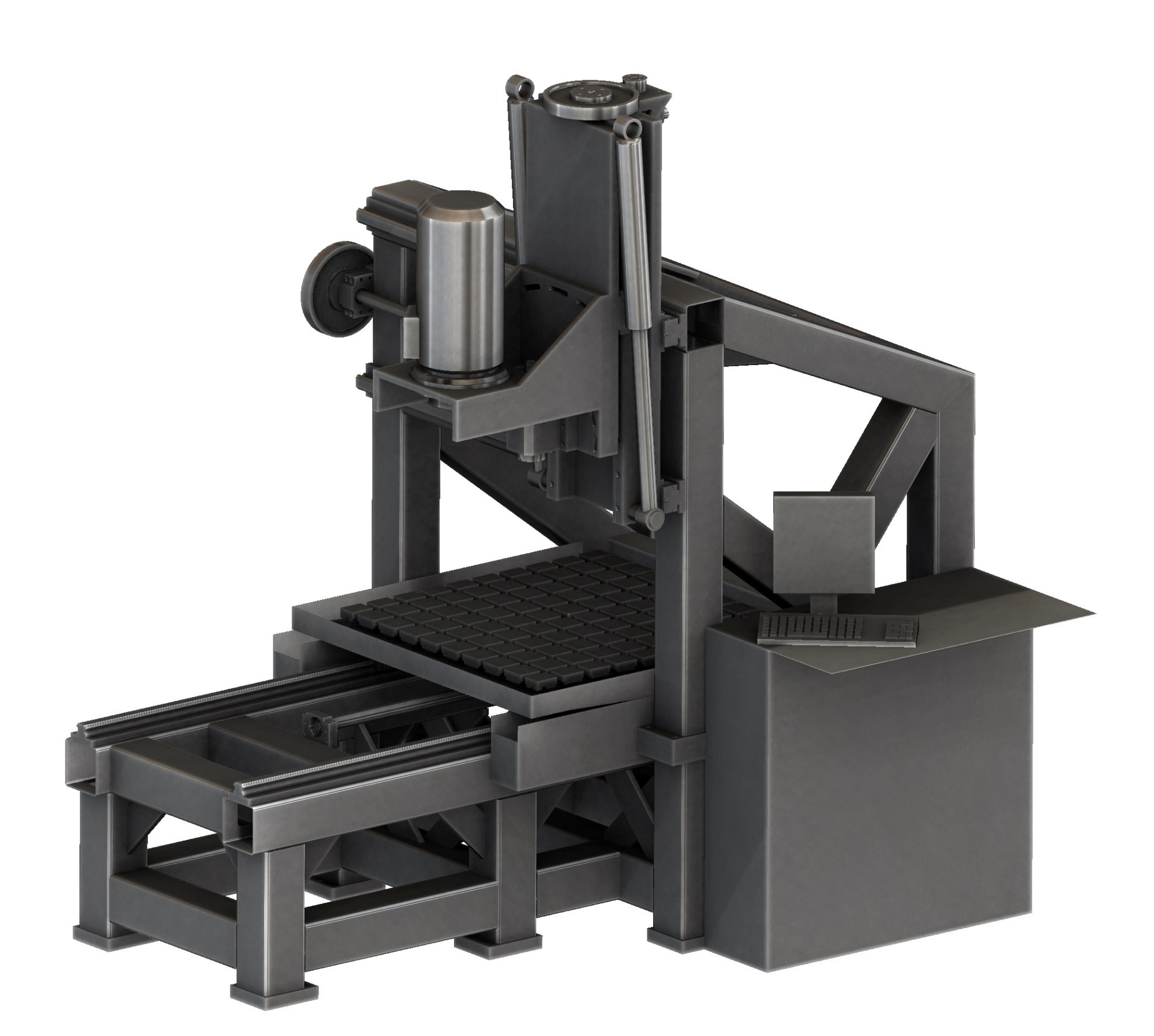 Wizualizacja plotera CNC z komputerem sterującym, widoczne metalowe elementy konstrukcyjne i platforma robocza.