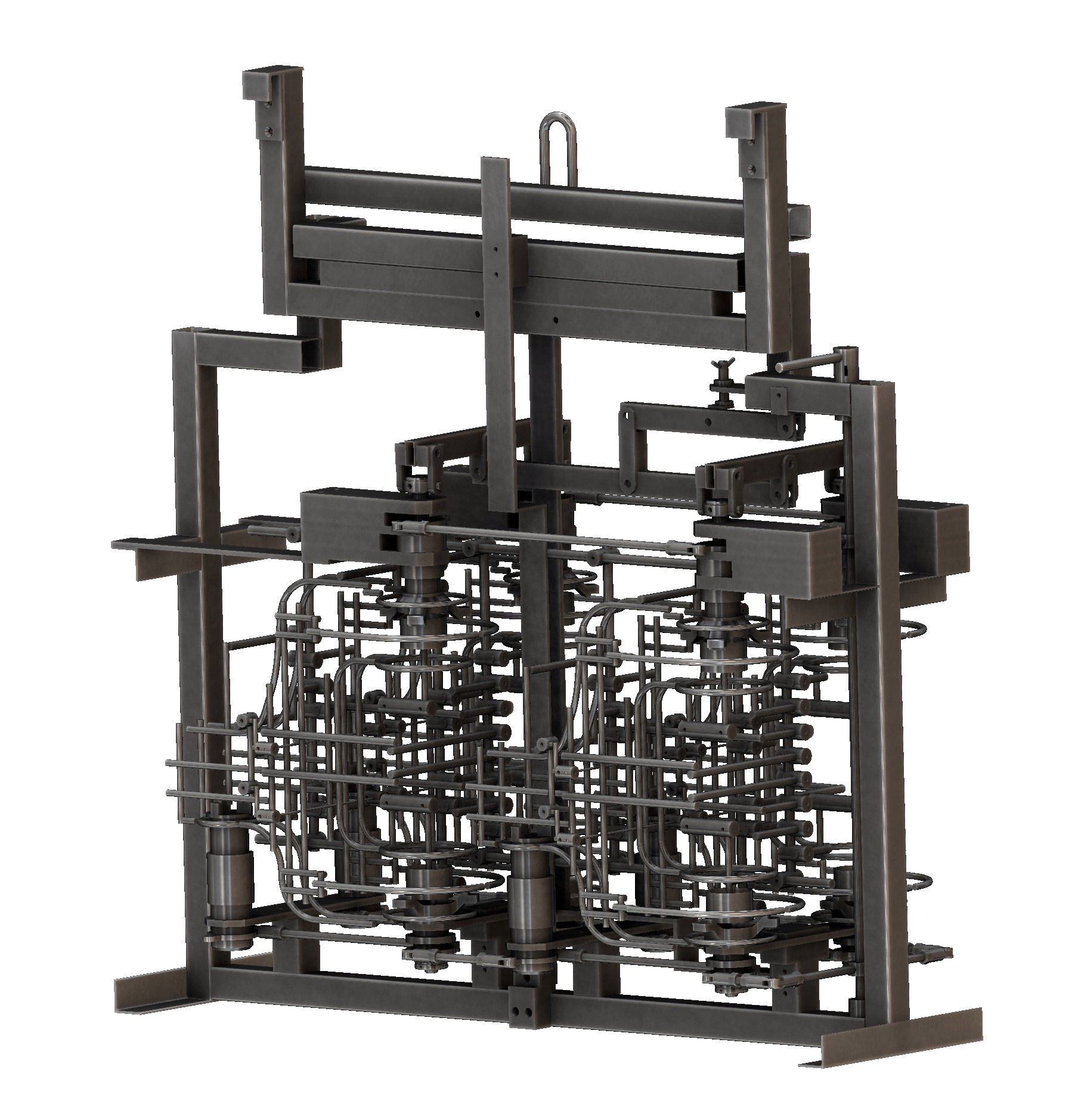 Metalowa konstrukcja przyrządu galwanicznego z licznymi rurkami, uchwytami i elementami regulacyjnymi, widoczna na białym tle.