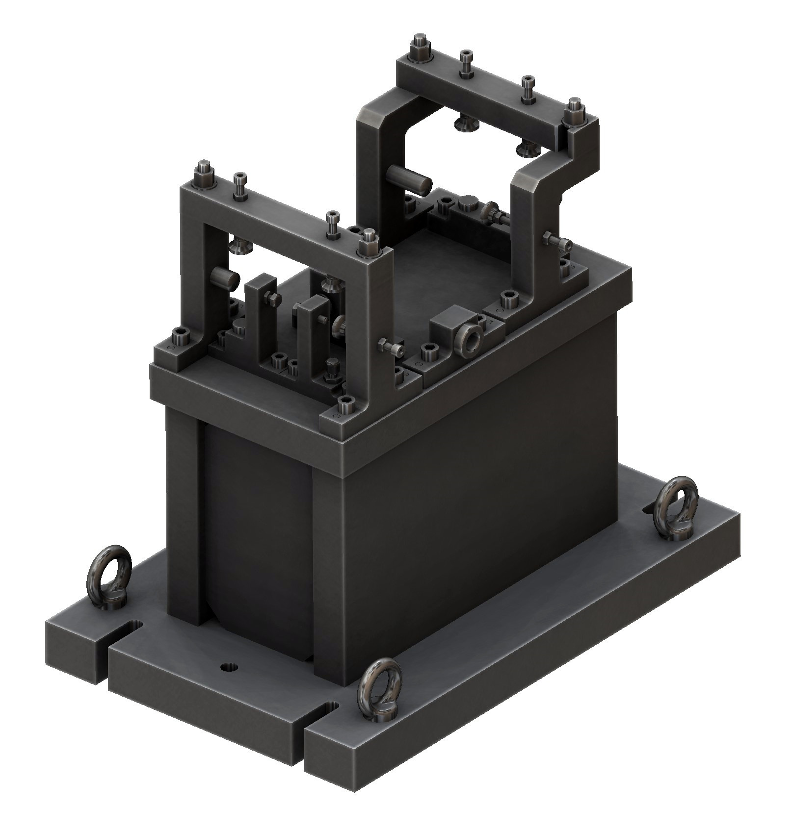Szary przyrząd obróbczy z uchwytami do podnoszenia, widoczne śruby i elementy mocujące.