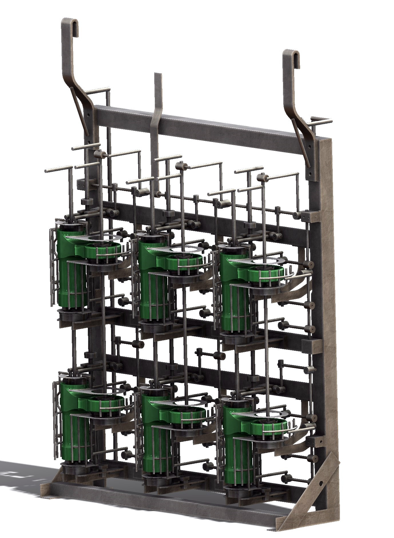 Stelaż galwanizacyjny z zawieszonymi elementami w kolorze zielonym, widok z perspektywy.