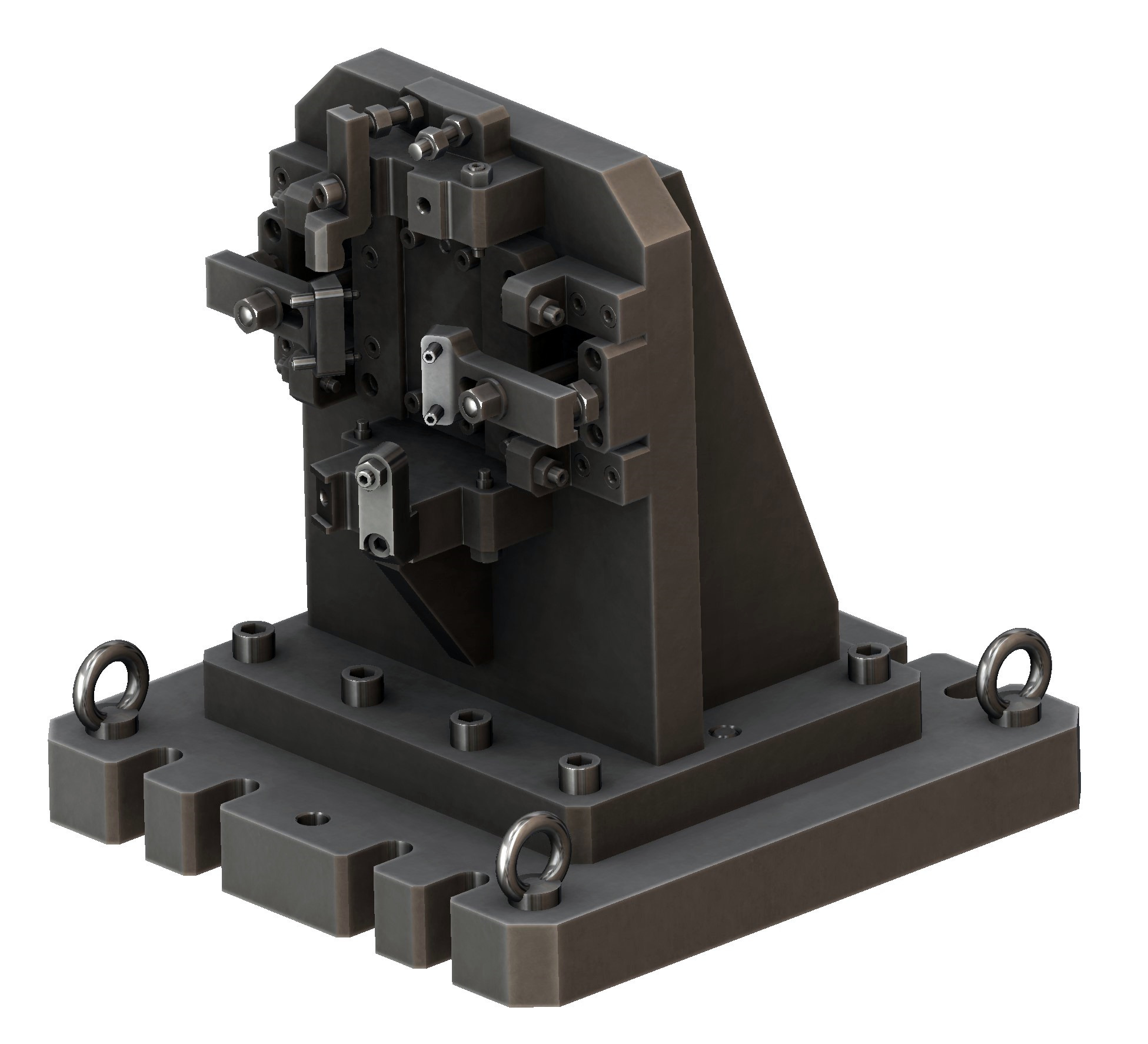 Szary, stalowy przyrząd obróbczy z licznymi śrubami i mocowaniami, osadzony na podstawie z uchwytami pierścieniowymi.