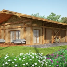 Wizualizacja domu jednorodzinnego z drewnianą konstrukcją szkieletową i ścianami z gliny, z tarasem i meblami ogrodowymi oraz rowerem opartym o ścianę, otoczonego kwitnącym ogrodem.