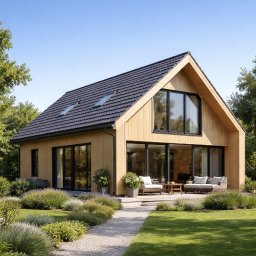 AMZ Architektura - Nowoczesny dom z drewnianą elewacją, dużymi oknami i tarasem z meblami ogrodowymi, otoczony zielenią. Widok z ogrodu na jasny budynek z ciemnym dachem.