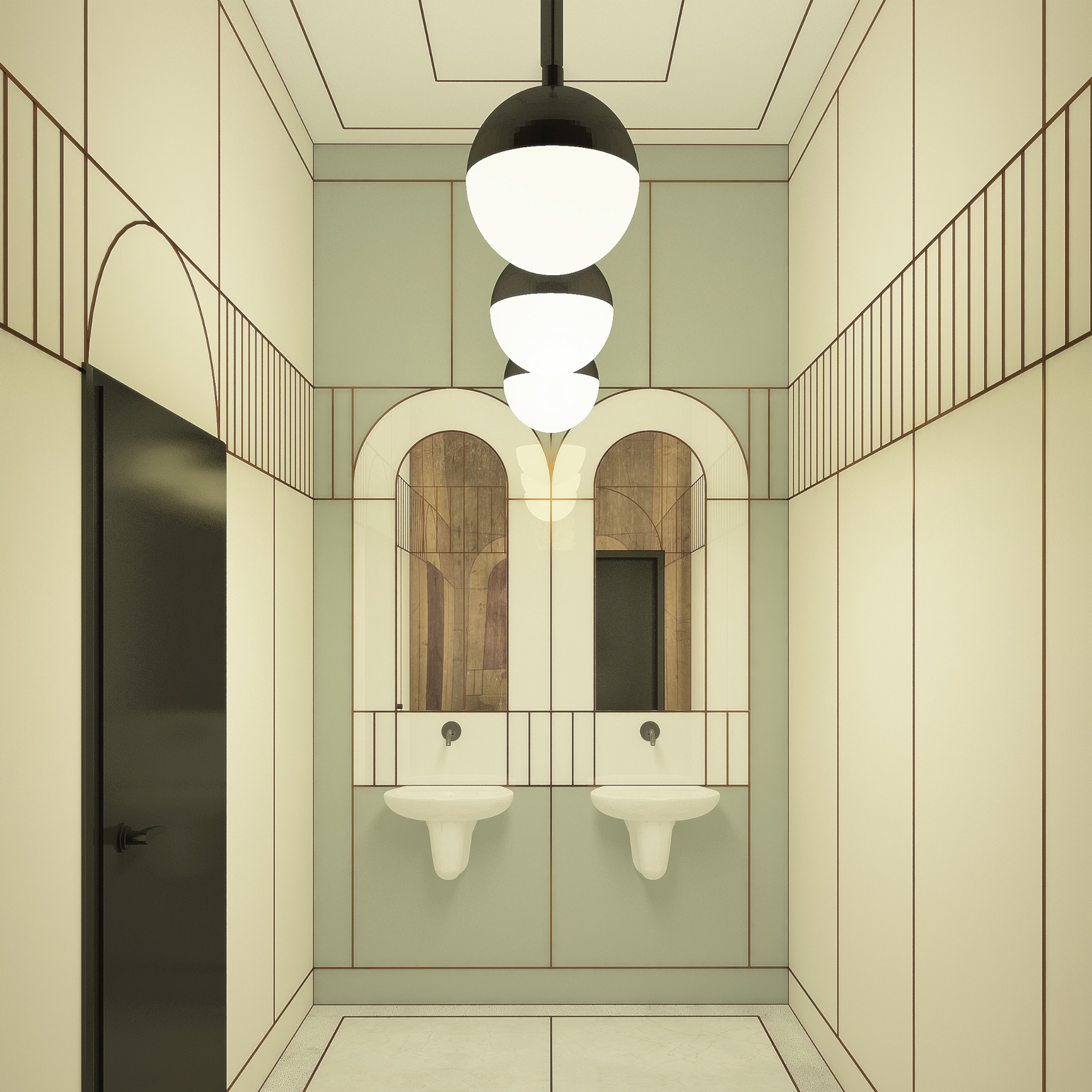 Wizualizacja łazienki w stylu art déco z dwoma umywalkami, lustrami w kształcie łuków i kulistą lampą wiszącą.
