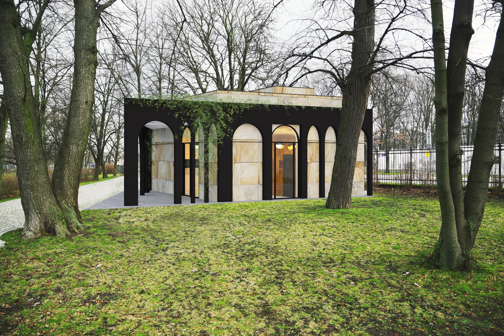 Nowoczesny budynek usługowy z czarnymi łukami i kamienną elewacją, porośnięty zielenią, otoczony drzewami w parku.