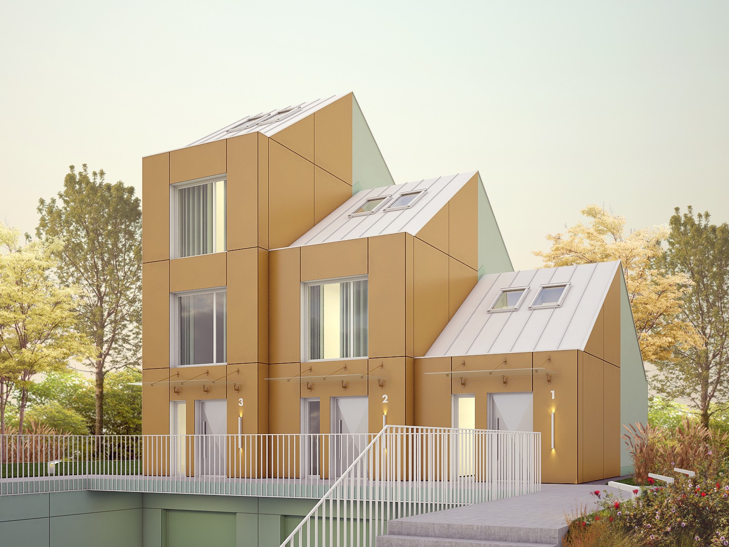 Wizualizacja trzykondygnacyjnego budynku mieszkalnego z elewacją w odcieniach beżu, z numeracją od 1 do 3 nad wejściami, otoczonego zielenią i białym ogrodzeniem.