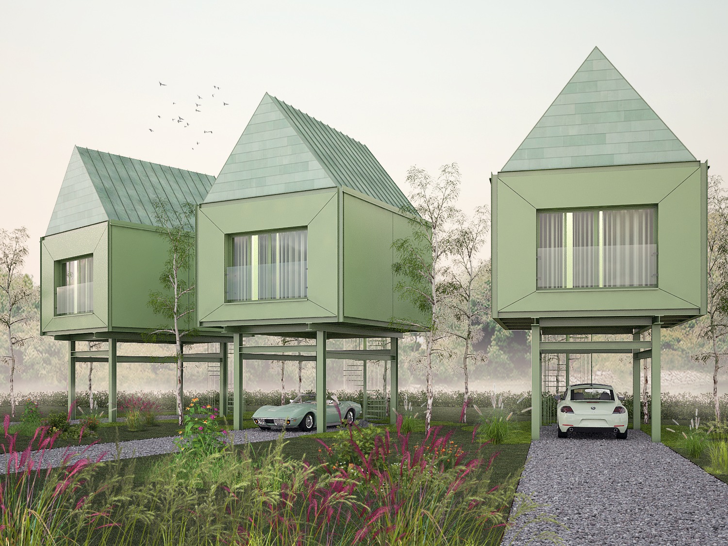Wizualizacja trzech identycznych, nowoczesnych domków letniskowych na palach, pomalowanych na pistacjowy kolor, z autami zaparkowanymi pod nimi, otoczonych łąką i drzewami.