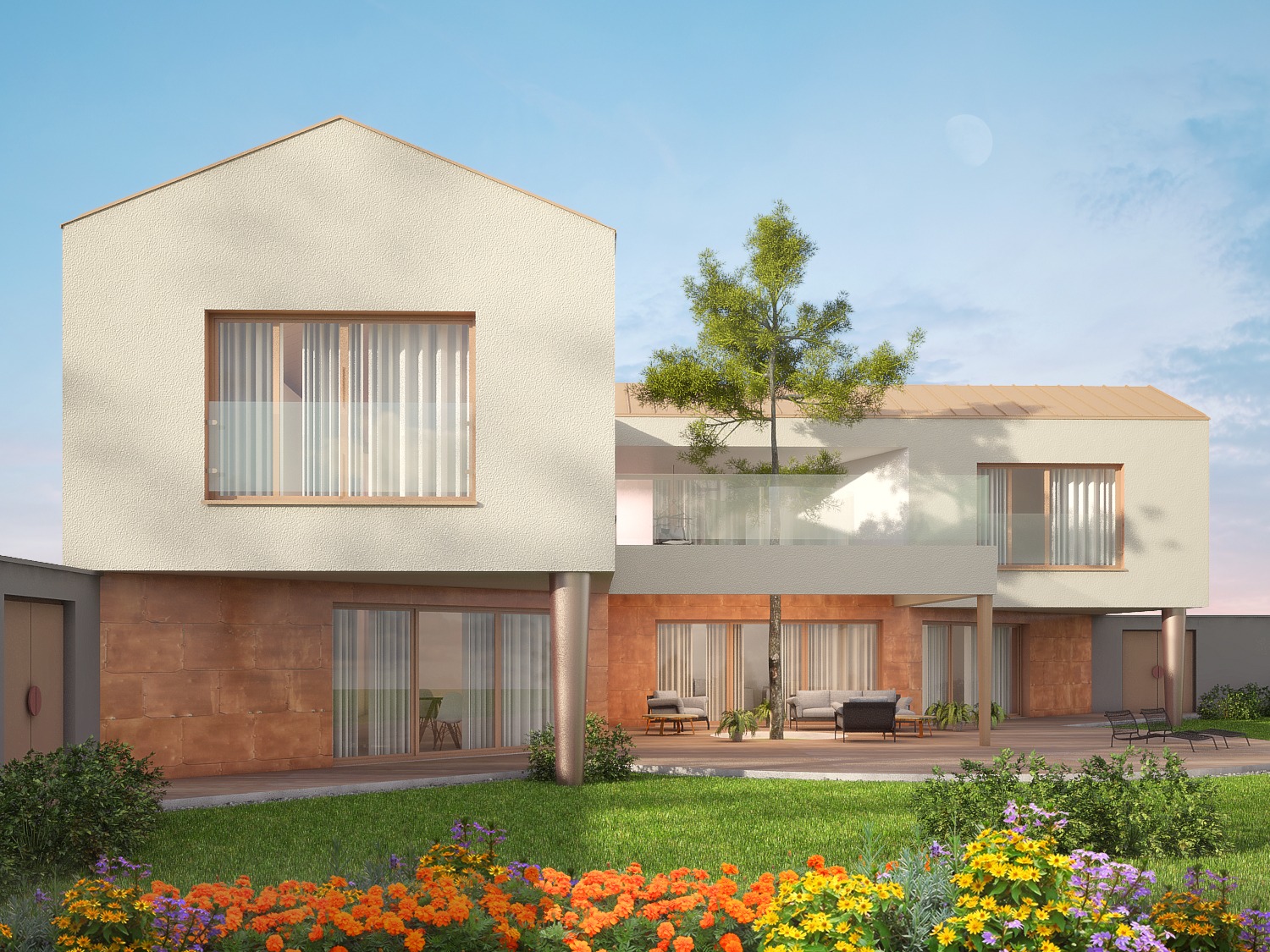 Wizualizacja nowoczesnego, dwukondygnacyjnego domu z płaskim dachem, elewacją w odcieniach beżu i miedzi, z tarasem i zielenią, widok z ogrodu z kwitnącymi rabatami.
