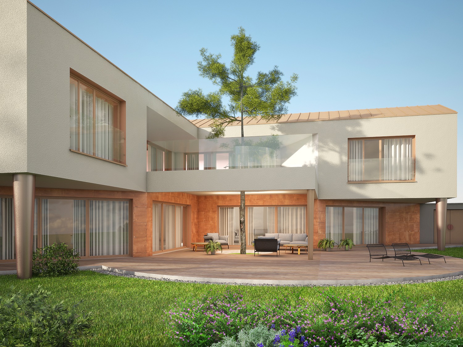 Wizualizacja nowoczesnego domu z płaskim dachem, jasną elewacją, dużymi oknami i tarasem z drewnianym podestem oraz zielonym trawnikiem z kwiatami na pierwszym planie. Drzewo rośnie przez otwór...