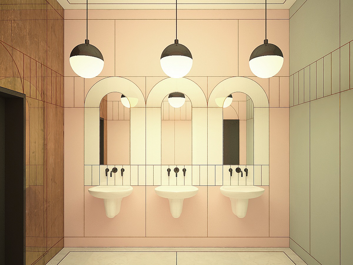 Wizualizacja łazienki w pastelowych kolorach z trzema umywalkami, okrągłymi lustrami w kształcie łuków i wiszącymi lampami kulistymi.
