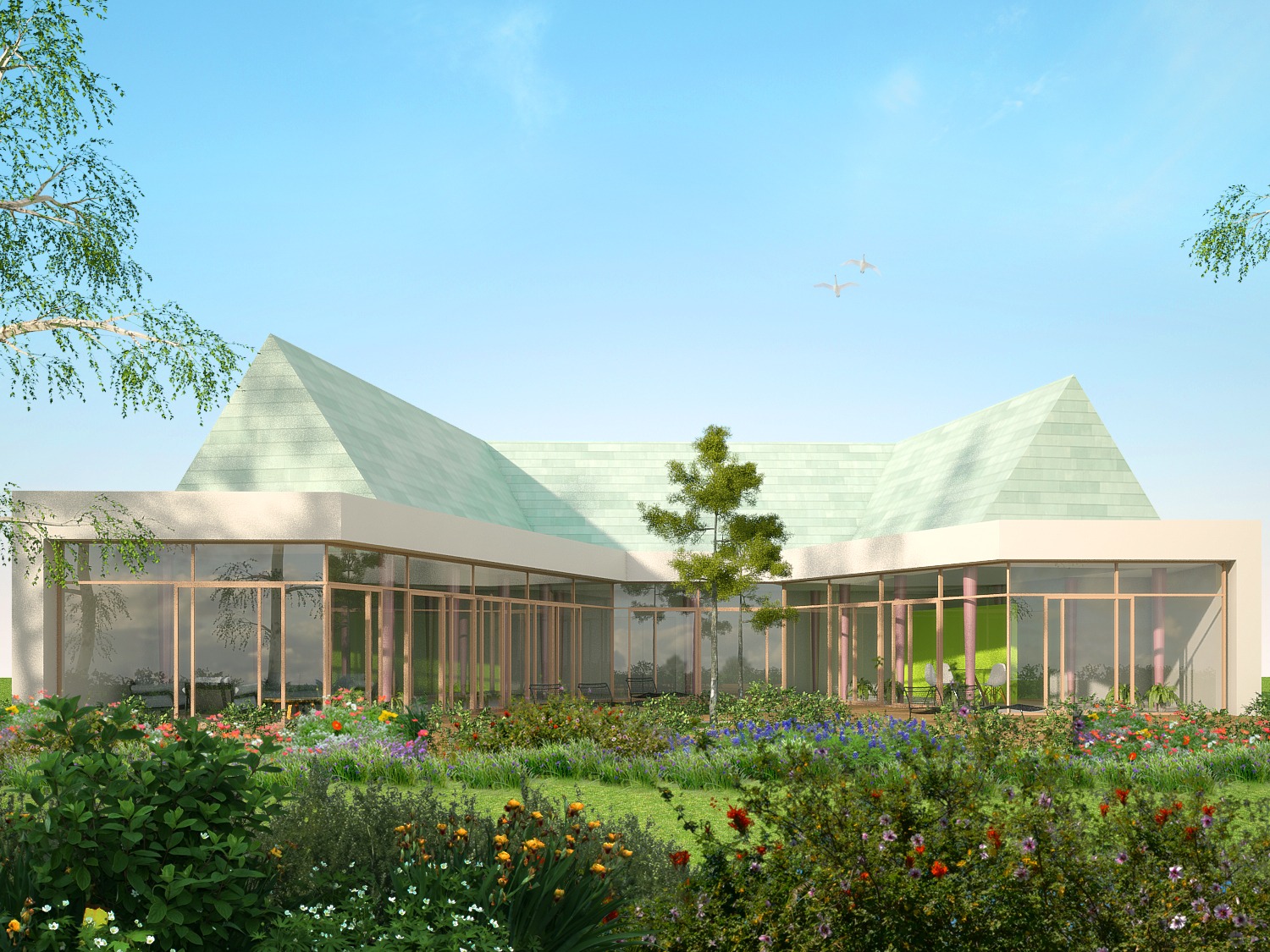 Wizualizacja budynku usługowego z zielonym dachem piramidalnym, przeszkloną fasadą i ogrodem kwiatowym na pierwszym planie, dwa ptaki na niebie.