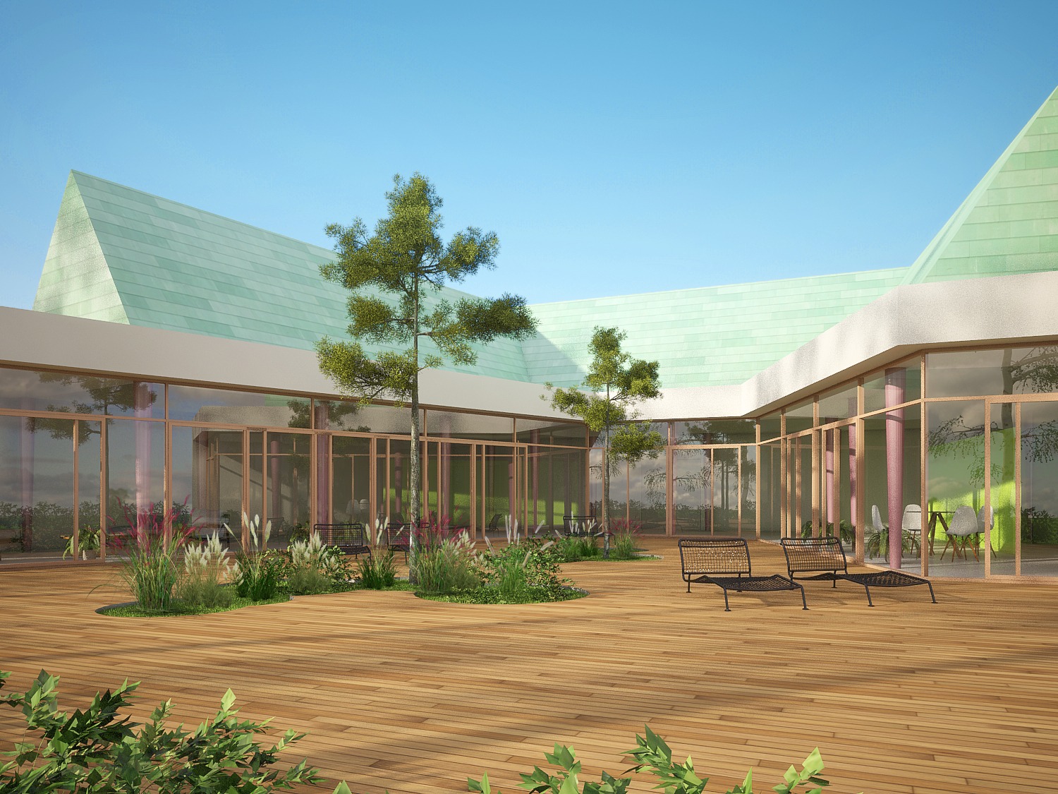 Wizualizacja budynku usługowego z zielonym dachem, drewnianym tarasem i roślinnością na dziedzińcu wewnętrznym, prezentująca minimalistyczny design i nowoczesną architekturę.
