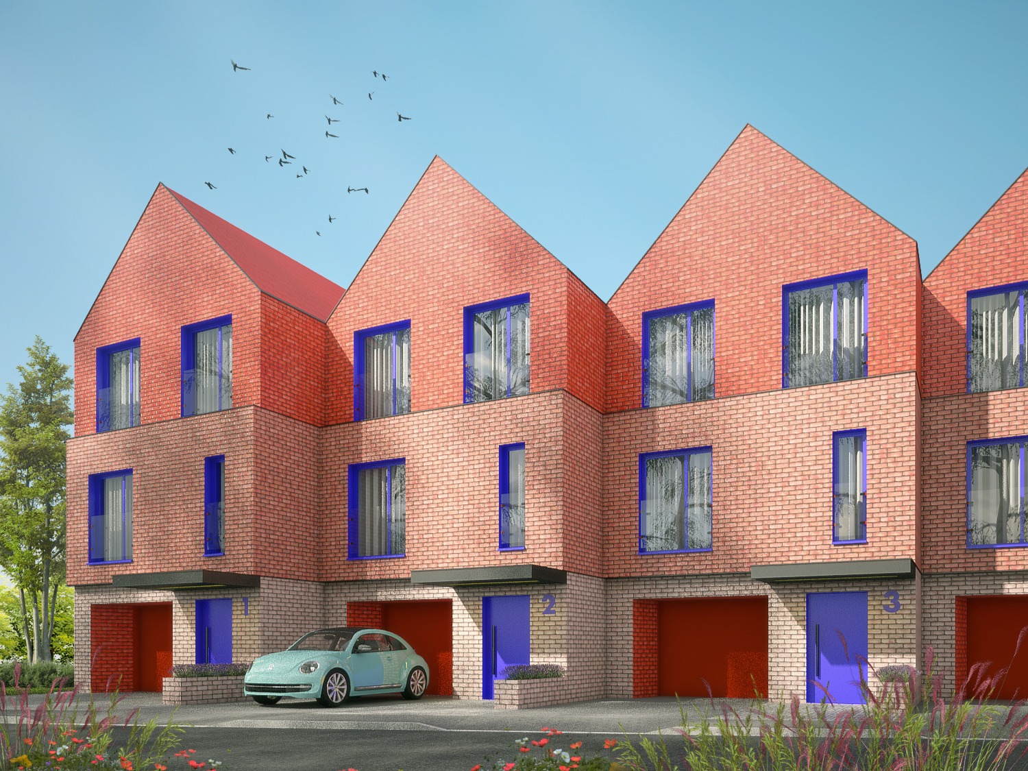 Wizualizacja szeregu domów z czerwonej cegły z niebieskimi ramami okiennymi i drzwiami garażowymi, z turkusowym samochodem zaparkowanym przed jednym z garaży.
