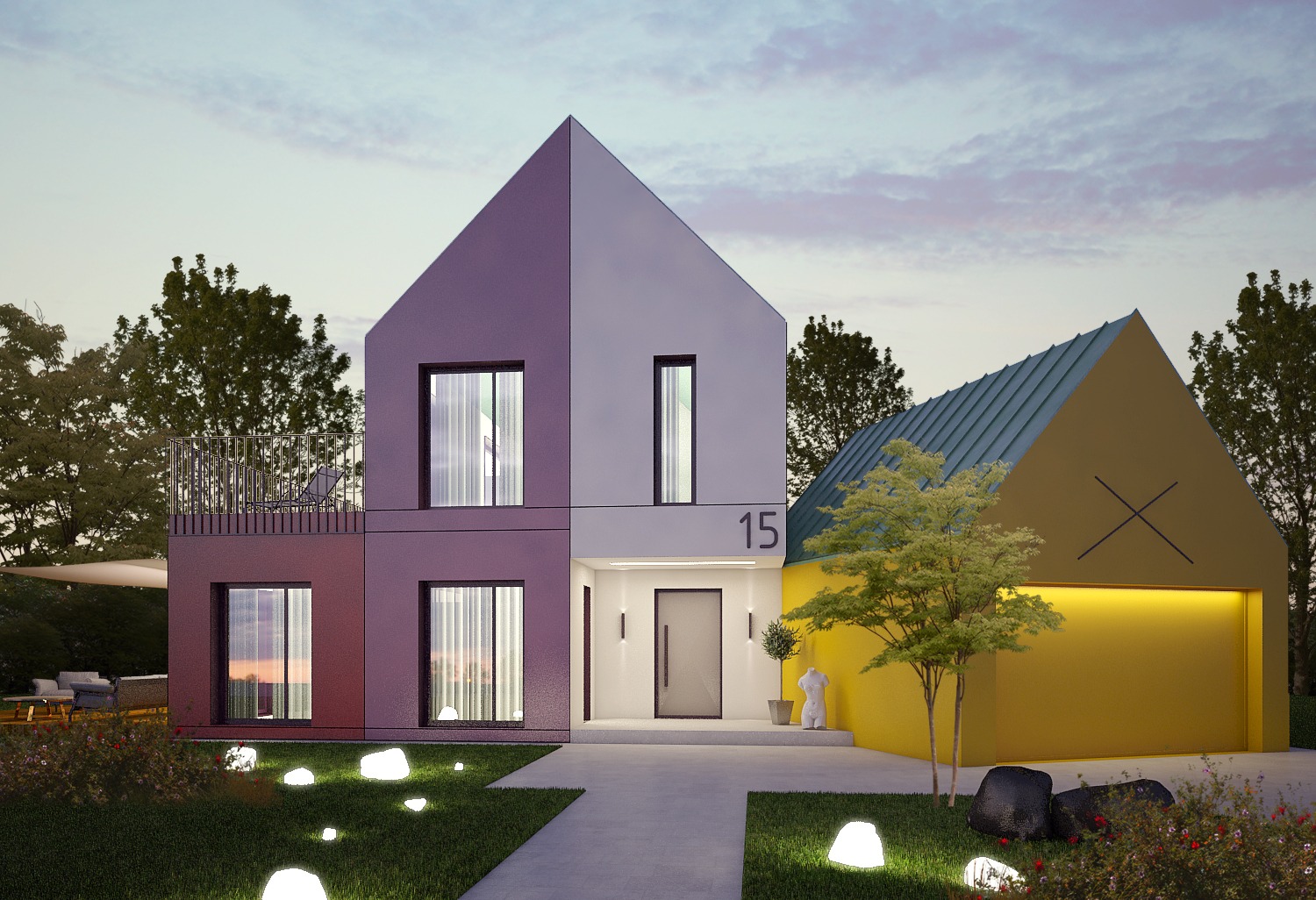 Wizualizacja nowoczesnego domu z dwuspadowym dachem, elewacją w odcieniach fioletu i szarości, numerem 15 nad wejściem, żółtym garażem z zielonym dachem oraz oświetleniem ogrodowym w kształcie...