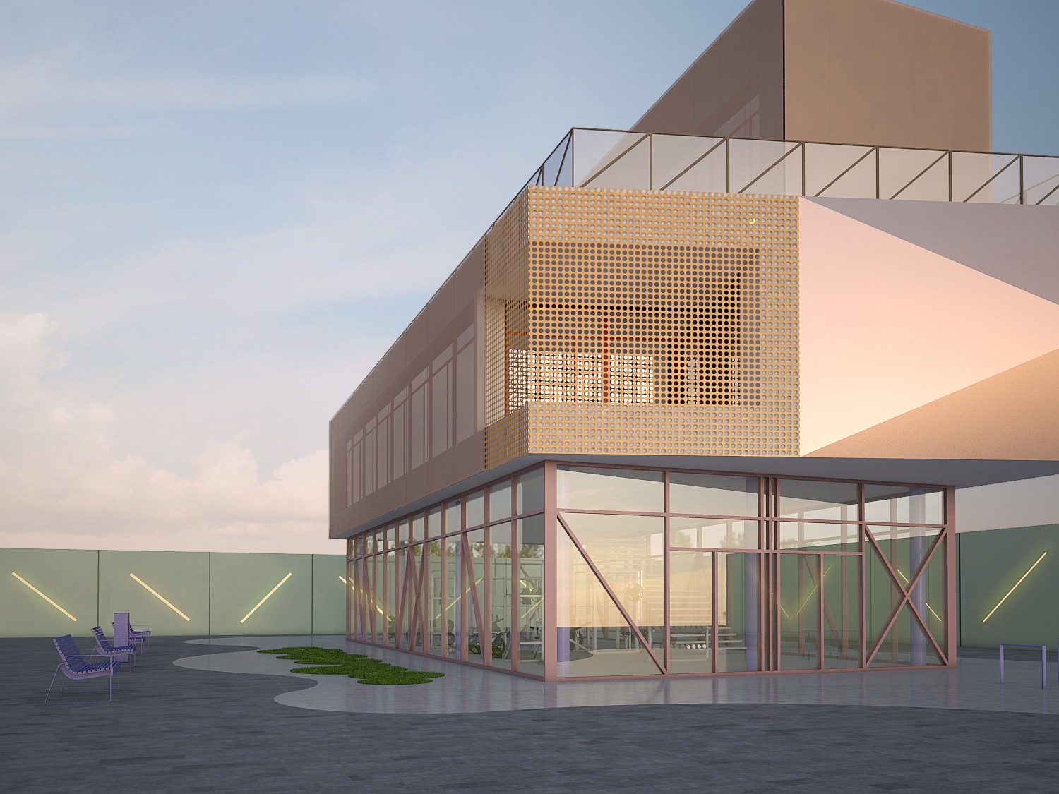 Wizualizacja budynku usługowego z perforowaną elewacją, przeszkloną fasadą parteru i minimalistycznym otoczeniem z fioletowymi krzesłami.