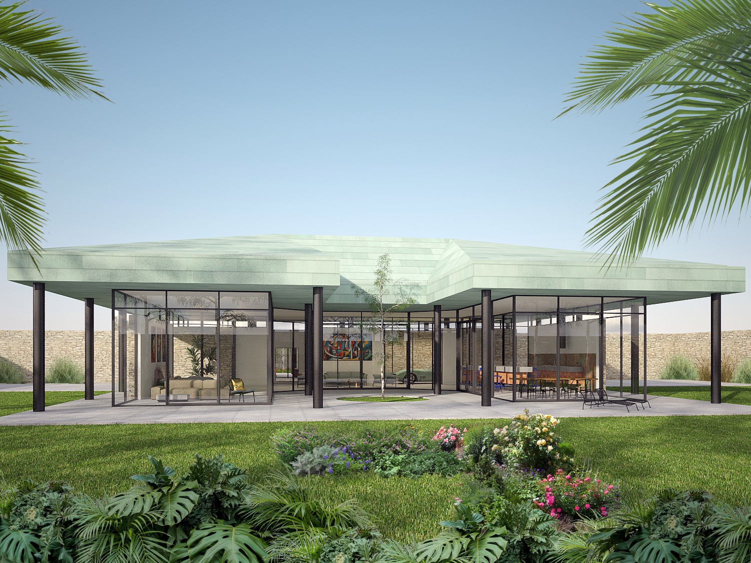 Parterowy dom z płaskim dachem i szklanymi ścianami, otoczony zielenią, widok z ogrodu z egzotyczną roślinnością na pierwszym planie.