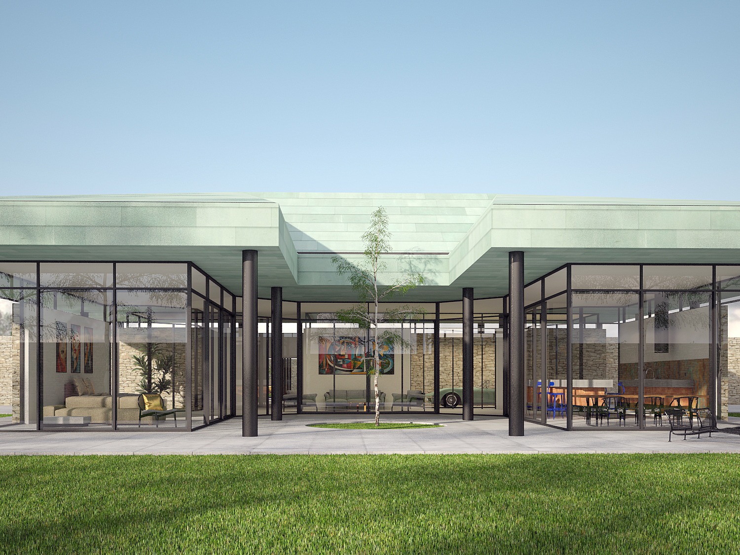 Wizualizacja nowoczesnego domu z płaskim dachem i przeszklonymi ścianami, otoczona trawnikiem i drzewem, z widocznym wnętrzem salonu i jadalni.