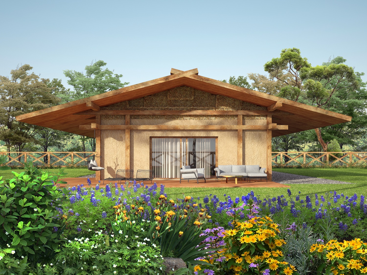 Wizualizacja parterowego domu z elementami drewna, z tarasem i ogrodem kwiatowym na pierwszym planie, w tle zieleń drzew i drewniane ogrodzenie.