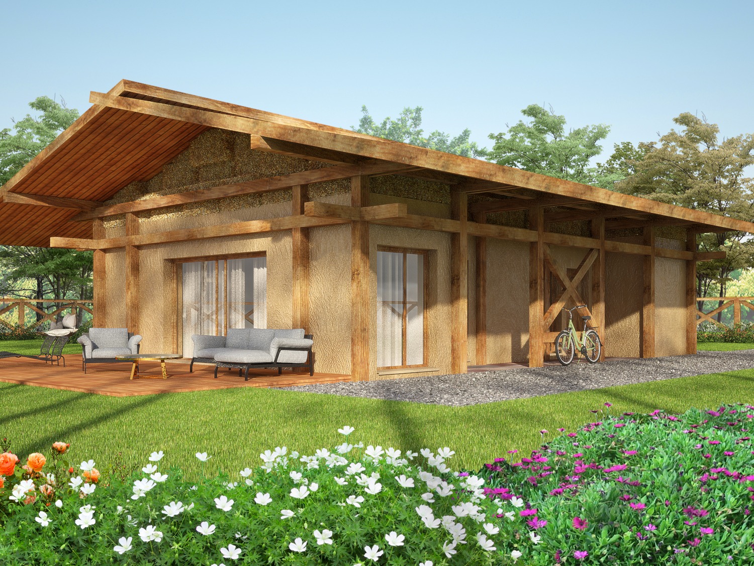 Wizualizacja domu jednorodzinnego z drewnianą konstrukcją szkieletową i ścianami z gliny, z tarasem i meblami ogrodowymi oraz rowerem opartym o ścianę, otoczonego kwitnącym ogrodem.
