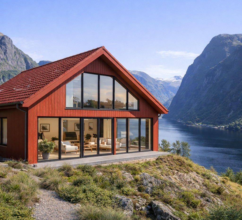 Czerwony dom z dużymi oknami na tle fiordu i gór. Nowoczesna architektura wkomponowana w naturalny krajobraz. Widok z zewnątrz na wnętrze domu.