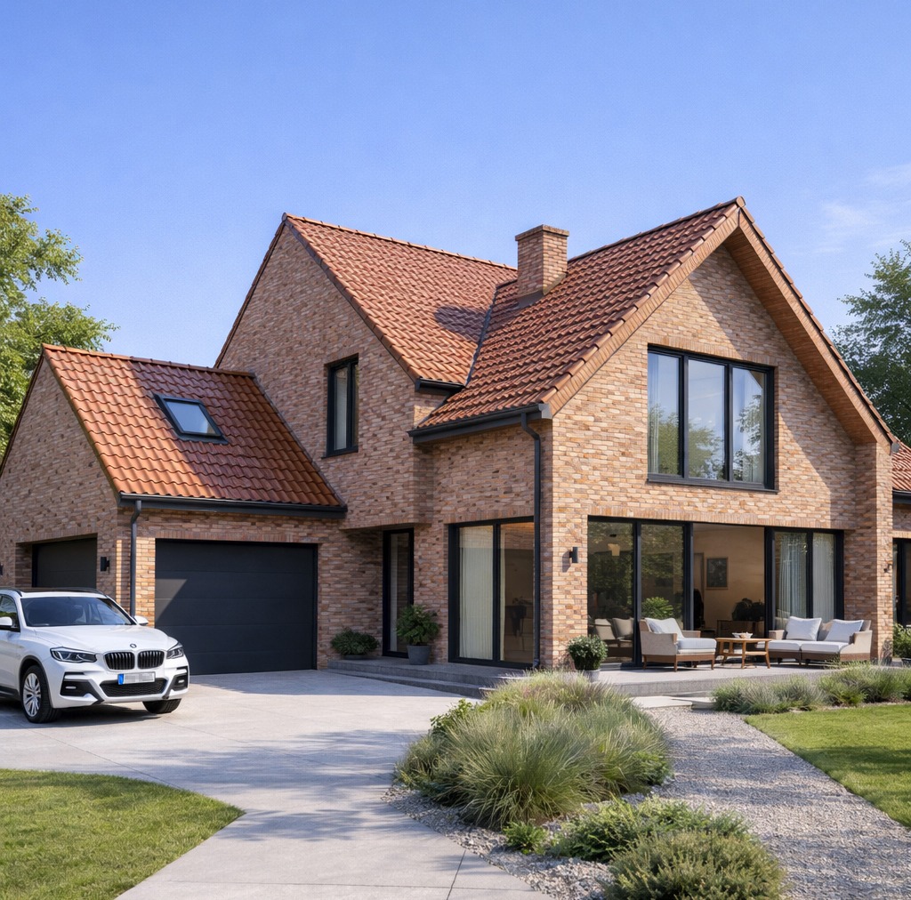 Nowoczesny dom z cegły klinkierowej z garażem i dużymi oknami, oświetlony słonecznym światłem. Widoczny fragment białego samochodu i zadbany ogród.