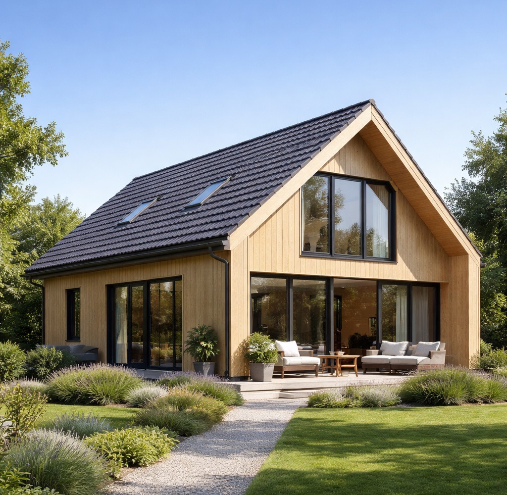Nowoczesny dom z drewnianą elewacją, dużymi oknami i tarasem z meblami ogrodowymi, otoczony zielenią. Widok z ogrodu na jasny budynek z ciemnym dachem.