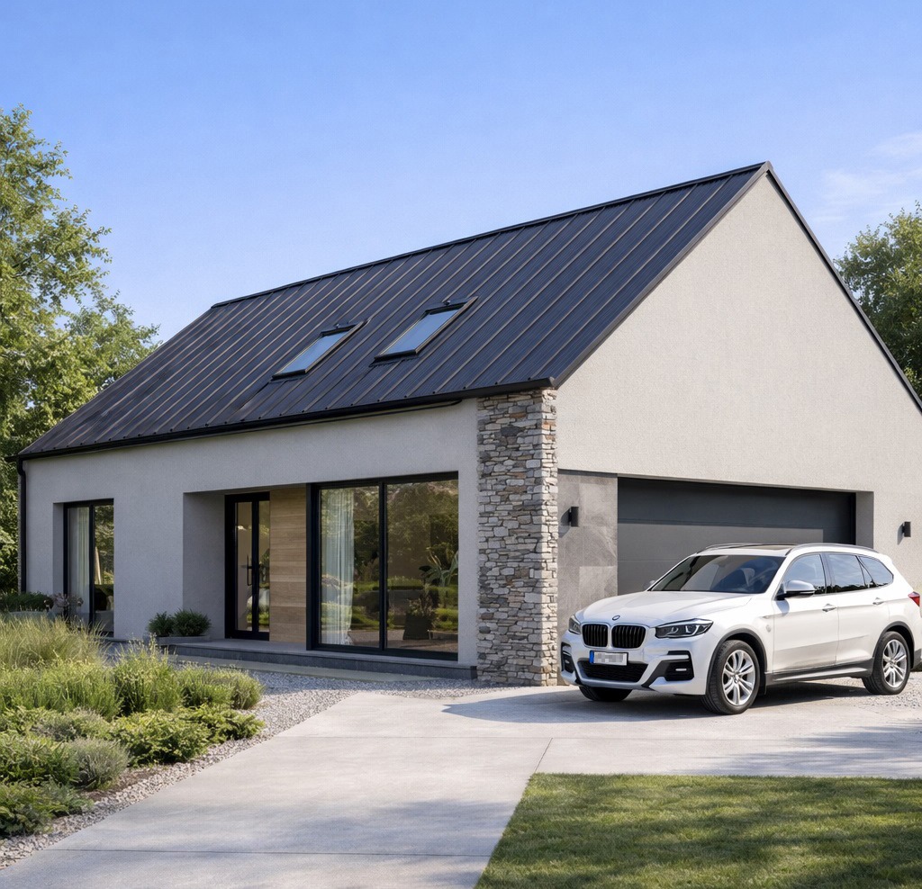 Nowoczesny dom jednorodzinny z czarnym dachem, dużymi oknami i kamienną elewacją, z białym SUV-em zaparkowanym na podjeździe. Minimalistyczny design i zadbany ogród.