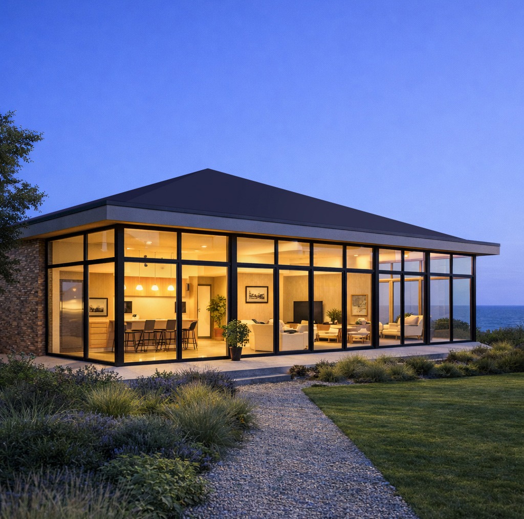 Nowoczesny dom z przeszkloną fasadą i płaskim dachem, oświetlony od wewnątrz, z widokiem na morze w tle. Ścieżka prowadzi do wejścia, otoczona zielenią.