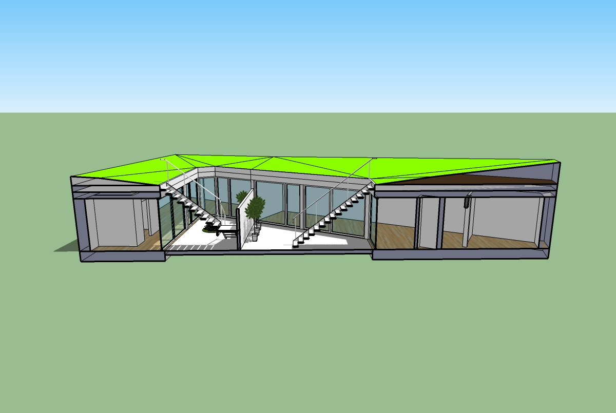Wizualizacja 3D przekroju nowoczesnego domu z zielonym dachem, schodami wewnętrznymi i dużymi oknami.