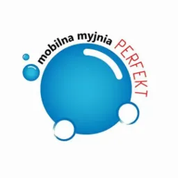 Logo firmy z napisem 'mobilna myjnia PERFEKT' otaczającym dużą, błękitną kulę z trzema mniejszymi kulkami.