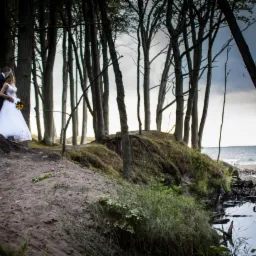 Para młoda w lesie na klifie z widokiem na morze, panna młoda w białej sukni trzyma bukiet słoneczników.