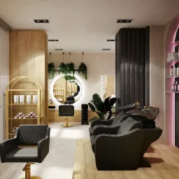 Wnętrze salonu fryzjerskiego z trzema czarnymi fotelami do mycia włosów, okrągłym lustrem podświetlonym ledami, drewnianymi żaluzjami i półkami z kosmetykami podświetlonymi różowym światłem.