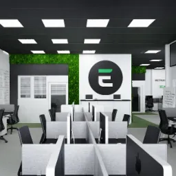 Nowoczesna aranżacja biura z biurkami typu open space, czarnymi krzesłami obrotowymi, ścianą z mchu i logo firmy na ścianie w tle.