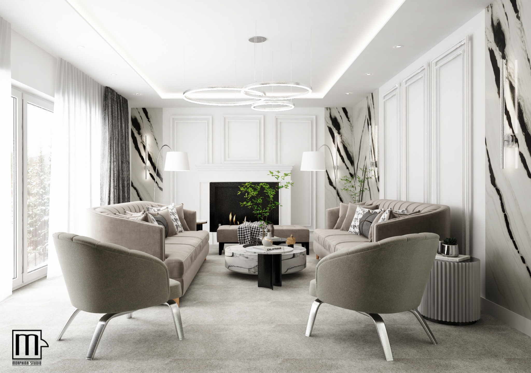 Elegancki salon z marmurowymi ścianami, kominkiem, sofami w kolorze taupe, okrągłym stolikiem kawowym z marmurowym blatem i nowoczesnym oświetleniem