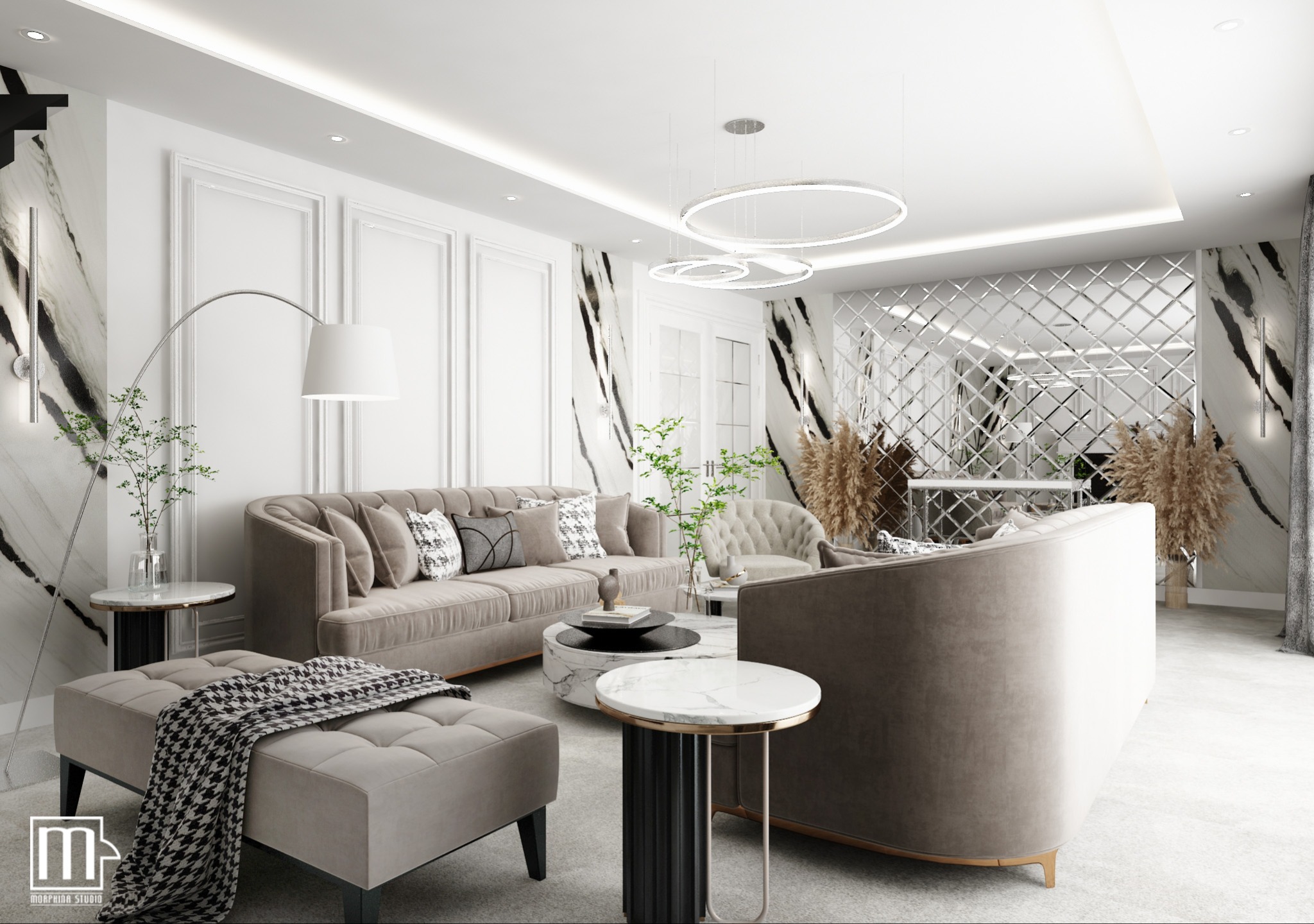 Elegancki salon w odcieniach beżu i bieli z marmurowymi akcentami, okrągłymi lampami sufitowymi i lustrzaną ścianą, uzupełniony pufą z narzutą w pepitkę.