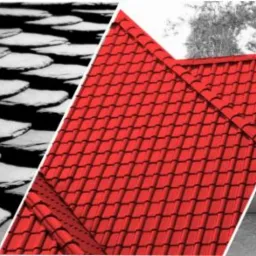Kompozycja przedstawiająca różne rodzaje pokryć dachowych: dachówka ceramiczna karpiówka w kolorze czerwonym, dachówka łuskowa w odcieniach szarości, blacha w kolorze czerwonym oraz system rynnowy...