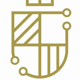 Złoty, minimalistyczny herb z motywem obwodu elektrycznego i koroną, na białym tle.