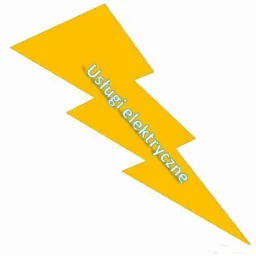 Żółty symbol błyskawicy z napisem 'Usługi elektryczne' w kolorze błękitnym, umieszczony na białym tle.
