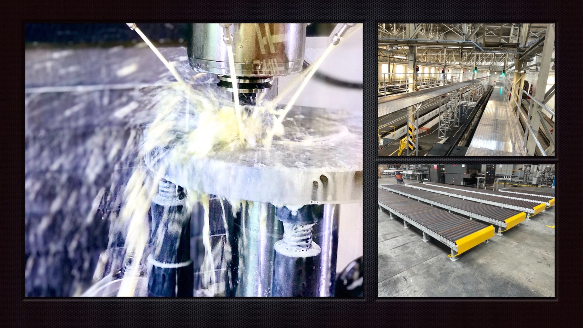 Obróbka metalu na tokarce CNC z użyciem chłodziwa, w tle widoczne fragmenty hali produkcyjnej z systemem transportu rolkowego.