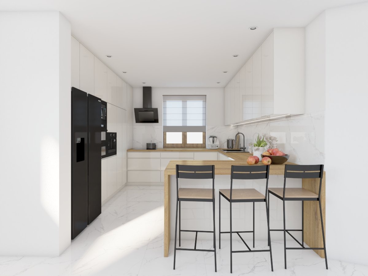 Wizualizacja nowoczesnej kuchni z białymi szafkami, czarnym sprzętem AGD i wyspą z drewnianym blatem oraz trzema hokerami.