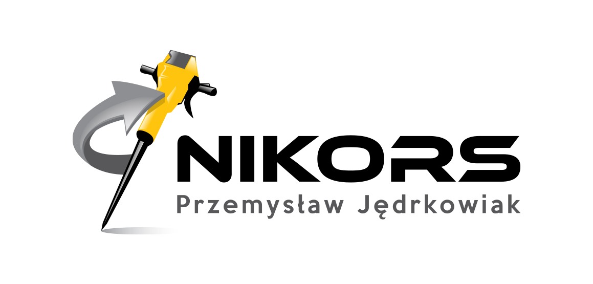 Logo firmy Nikors Przemysław Jędrkowiak z graficzną reprezentacją młota pneumatycznego otoczonego szarą strzałką.