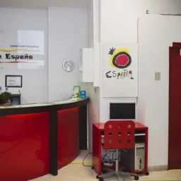 Recepcja w szkole językowej Casa de España z czerwonym biurkiem, krzesłem i plakatem 'España' w stylu Miró.