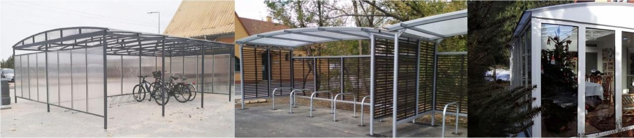 Kolaż trzech zdjęć: zadaszone metalowe stojaki na rowery z różnymi rodzajami ścianek bocznych oraz przeszklona konstrukcja z widoczną choinką w środku.
