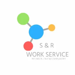Logo firmy S&R Work Service z graficznym symbolem atomu z kolorowymi kulkami (zielona, niebieska, pomarańczowa, czerwona) i szarymi łącznikami, pod spodem szary napis 'S&R WORK SERVICE'...