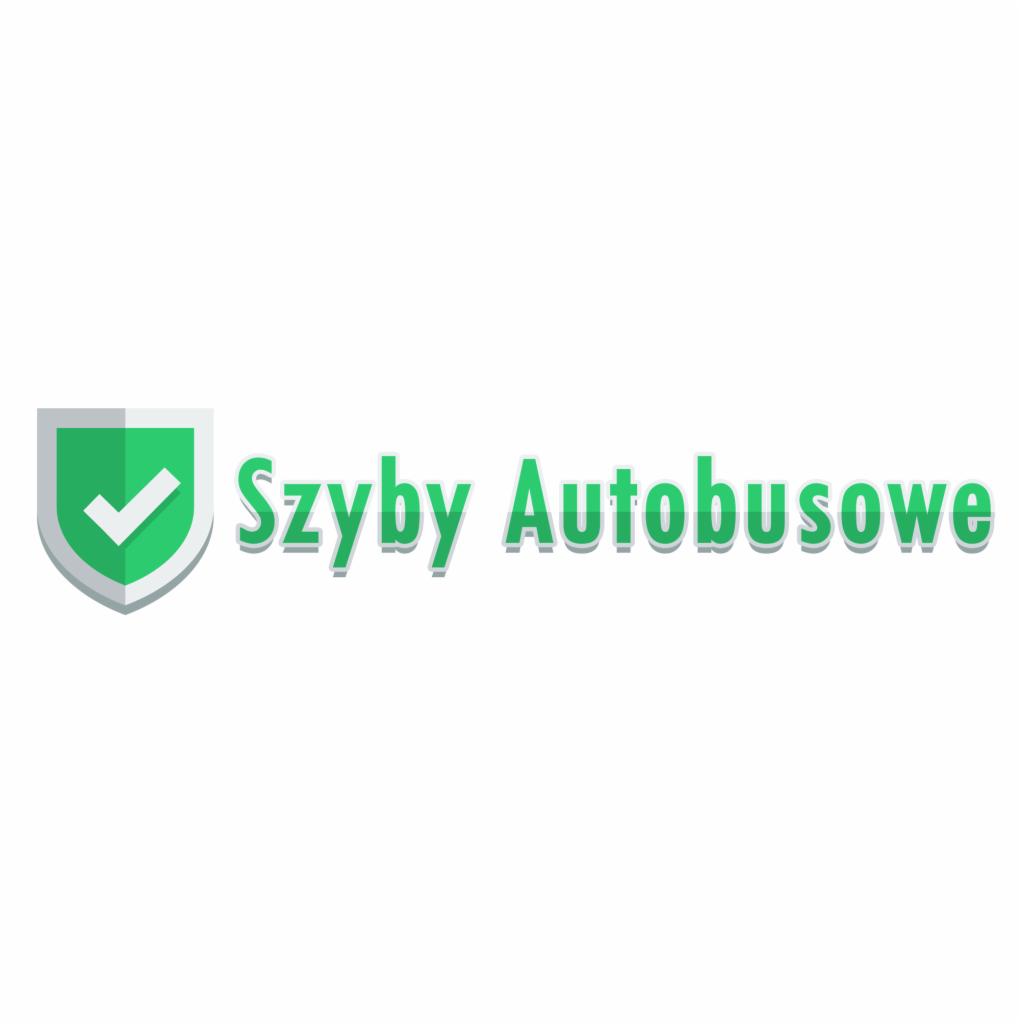 Grafika wektorowa prezentująca logo firmy specjalizującej się w szybach autobusowych, z zielonym symbolem tarczy i zaznaczenia obok napisu 'Szyby Autobusowe' w zielonym kolorze z efektem cienia.